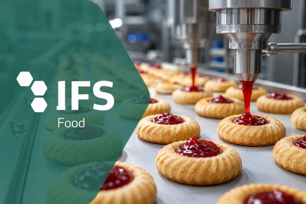 Imagen promocional de IFS Food con línea de producción industrial de galletas rellenas de mermelada roja y maquinaria de dosificado en una fábrica alimentaria.